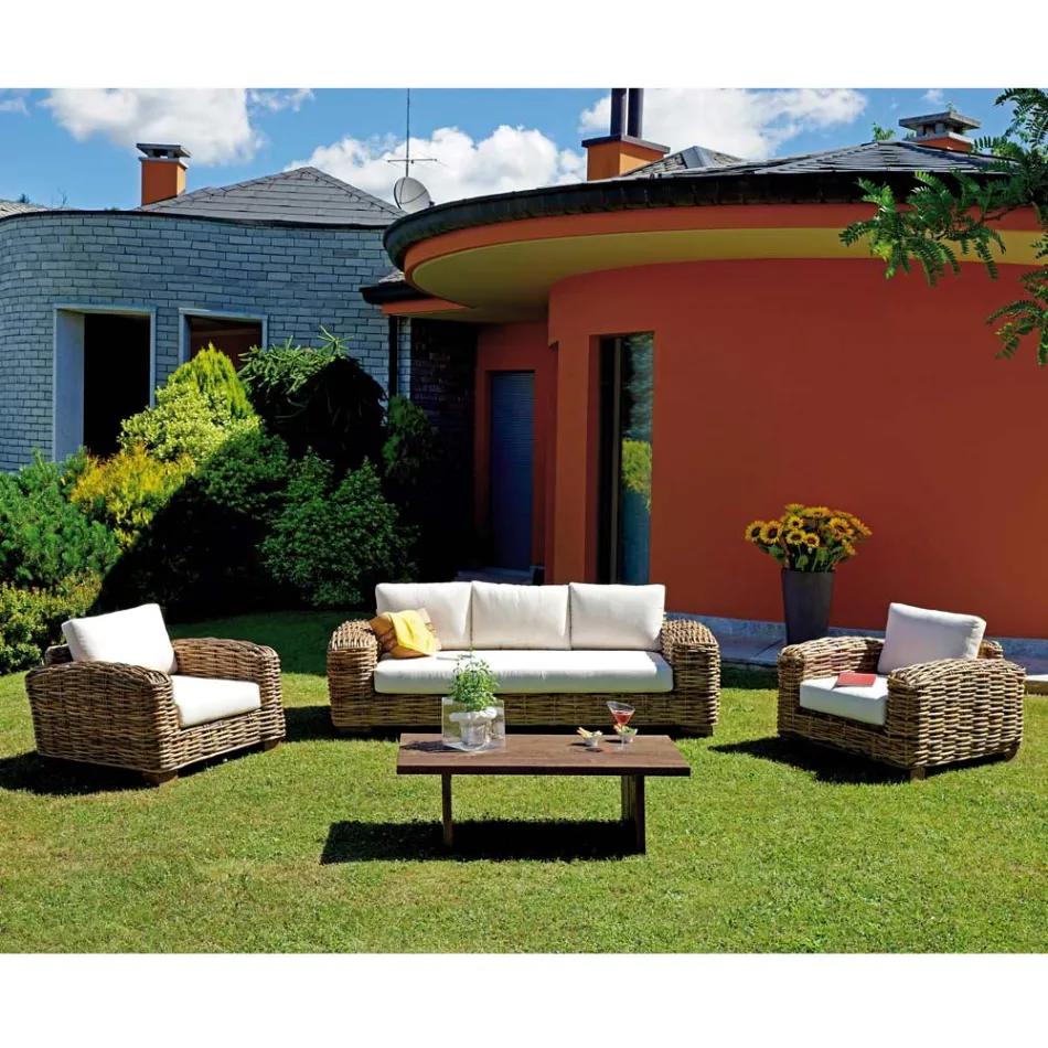 Salon de jardin en rotin avec table basse en bois et coussins - Hugues Viadurini