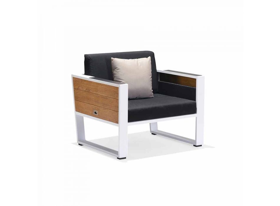 Canapé 3 places, 2 fauteuils et table basse en aluminium et teck - Hatice Viadurini