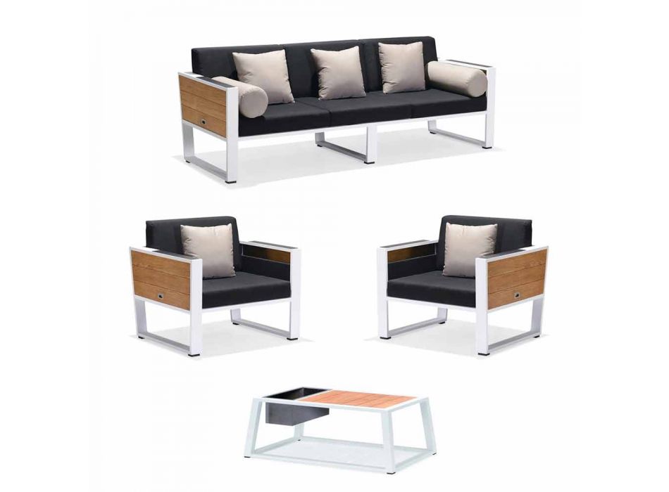 Canapé 3 places, 2 fauteuils et table basse en aluminium et teck - Hatice Viadurini