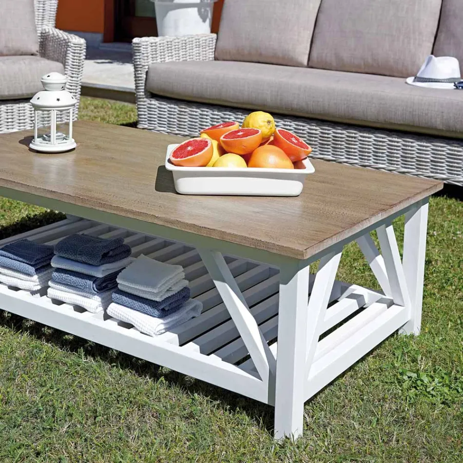 Salon d'extérieur avec table basse en manguier et coussins en polycoton - Orlanda Viadurini