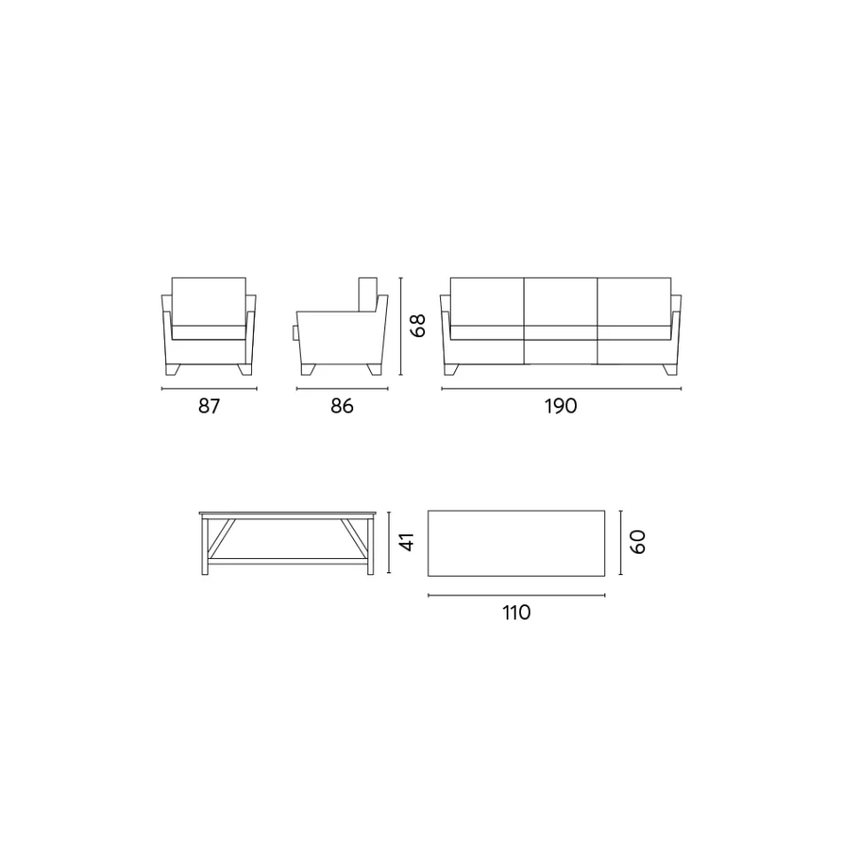 Salon d'extérieur avec table basse en manguier et coussins en polycoton - Orlanda Viadurini