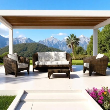 Salon en polyrotin de la marque REHAU, disponible en différentes finitions et avec coussins blancs - Madness Viadurini