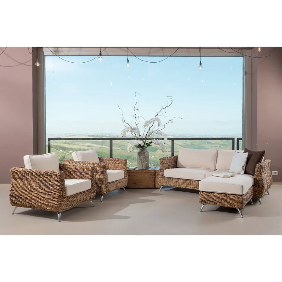 Salon d'extérieur en tissage banane avec coussins - Legolas Viadurini