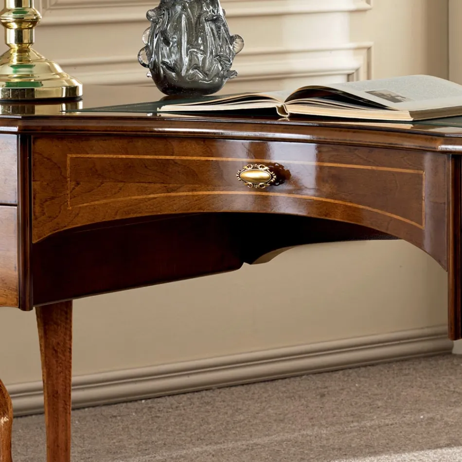 Bureau Classique 5 Tiroirs en Bois et Ecocuir Made in Italy - Commodo Viadurini