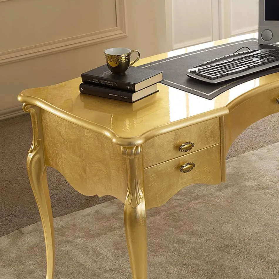 Bureau Classique 5 Tiroirs en Bois et Ecocuir Made in Italy - Commodo Viadurini