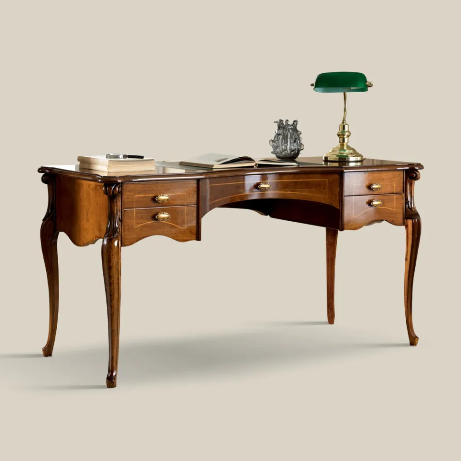 Bureau Classique 5 Tiroirs en Bois et Ecocuir Made in Italy - Commodo Viadurini