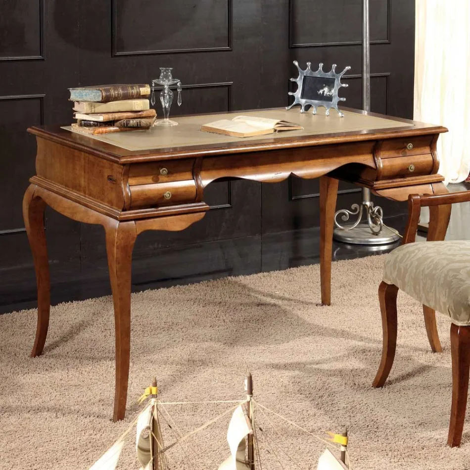 Bureau avec 5 tiroirs en bois de noyer et écocuir Made in Italy - Hastings Viadurini