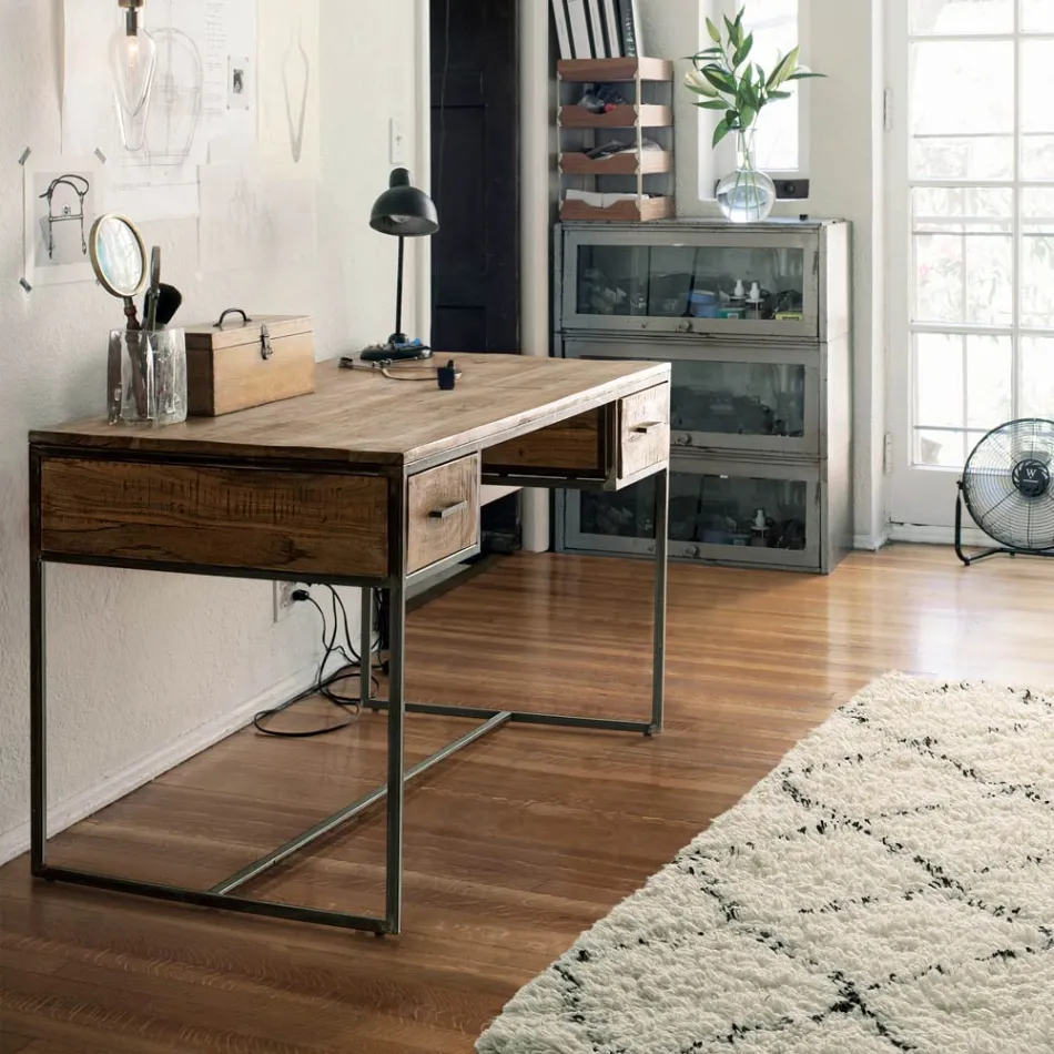 Bureau en acier et bois d'acacia avec 2 tiroirs Homemotion - Benver Viadurini