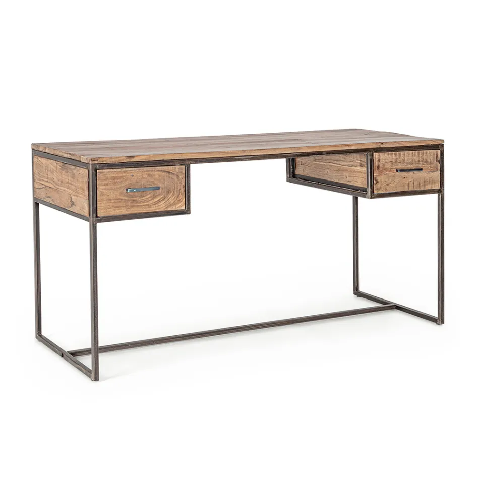 Bureau en acier et bois d'acacia avec 2 tiroirs Homemotion - Benver Viadurini