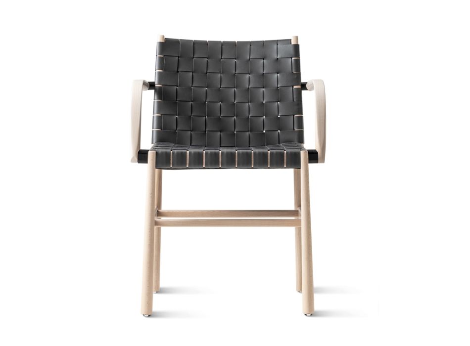 Chaise avec accoudoirs en hêtre blanchi et assise en cuir Made in Italy - Nora Viadurini