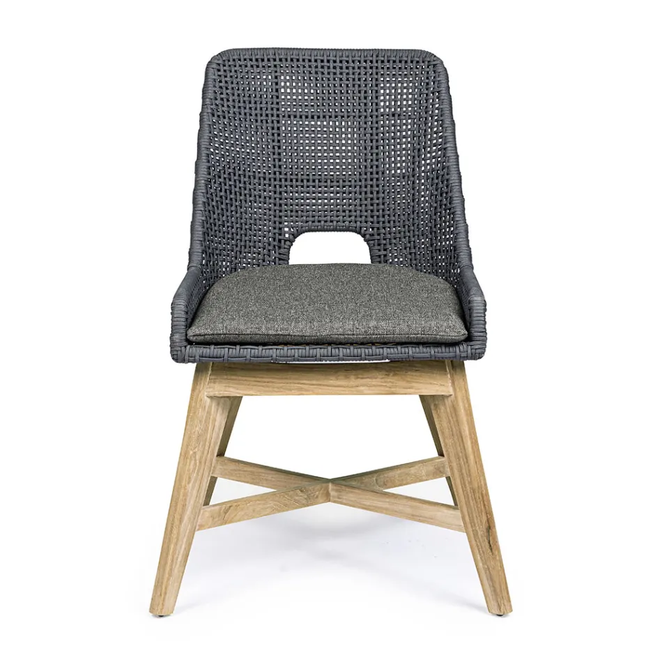 Chaise d'extérieur en corde et tissu avec piètement en teck, Homemotion 2 pièces - Lesya Viadurini