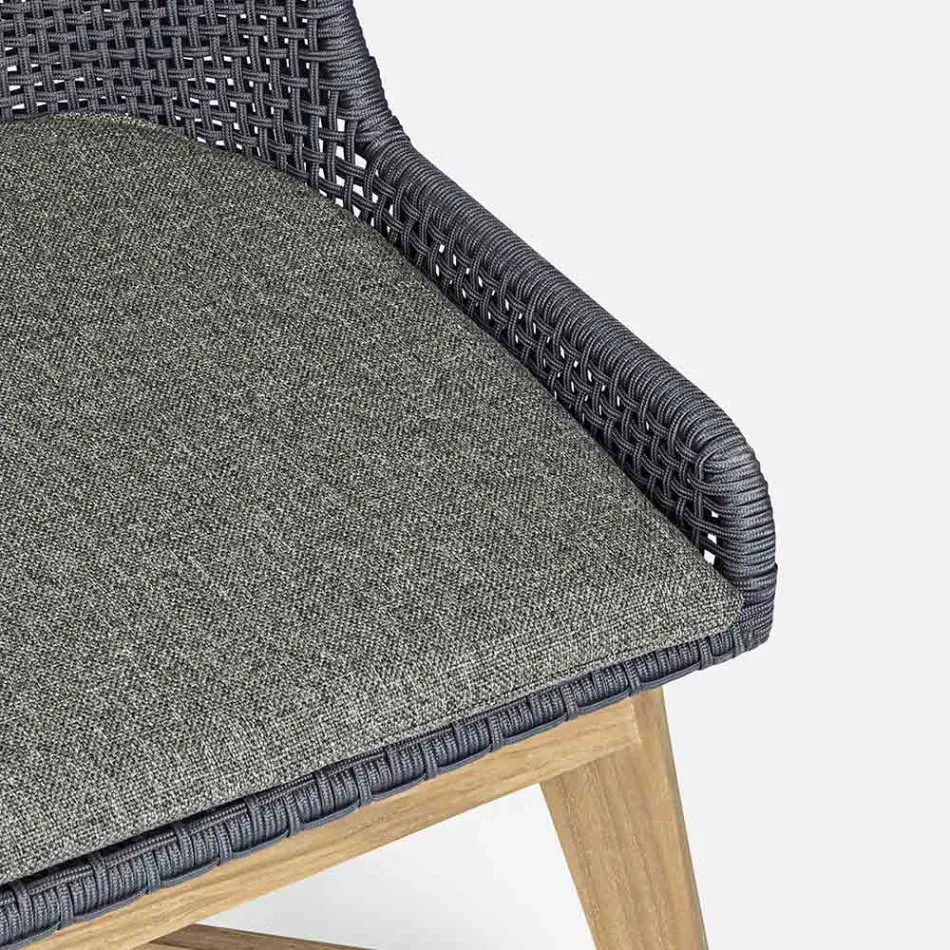 Chaise d'extérieur en corde et tissu avec piètement en teck, Homemotion 2 pièces - Lesya Viadurini