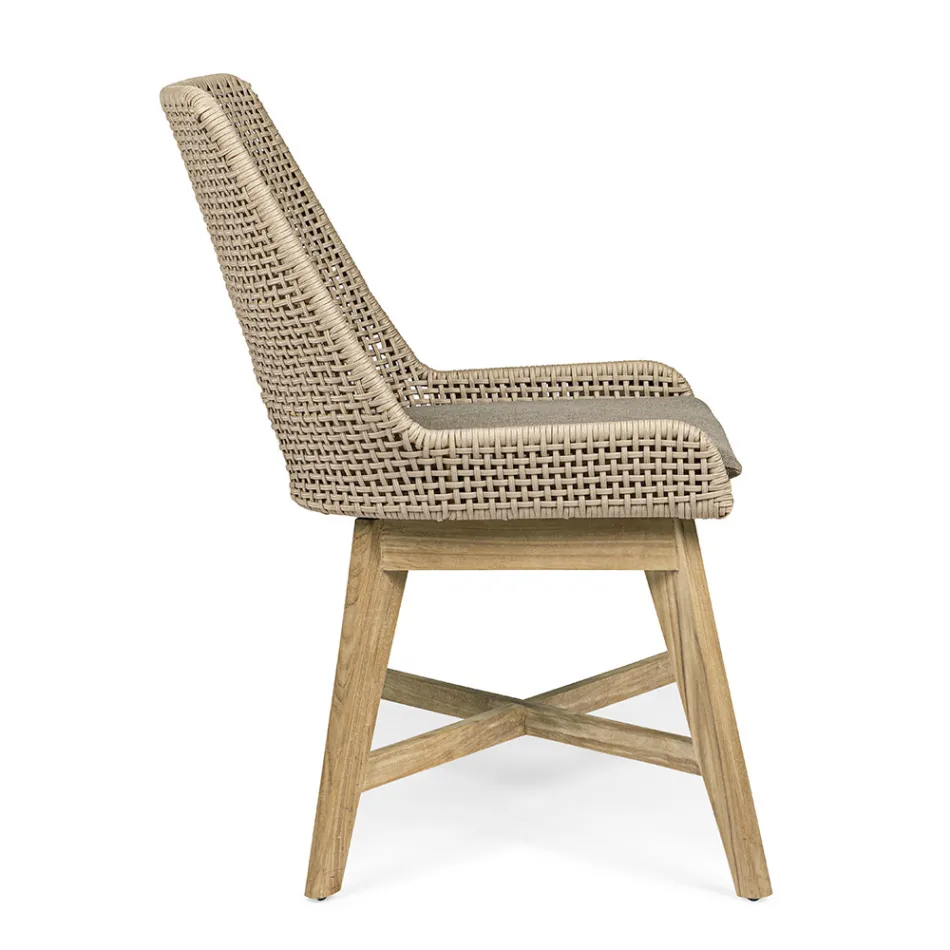 Chaise d'extérieur en corde et tissu avec piètement en teck, Homemotion 2 pièces - Lesya Viadurini