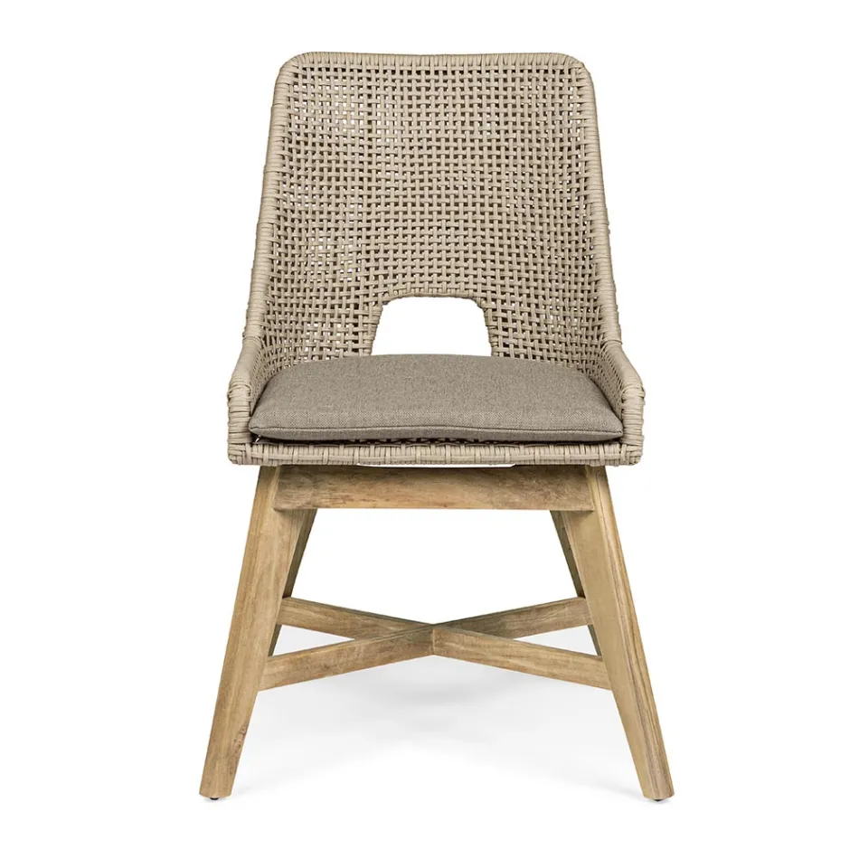 Chaise d'extérieur en corde et tissu avec piètement en teck, Homemotion 2 pièces - Lesya Viadurini