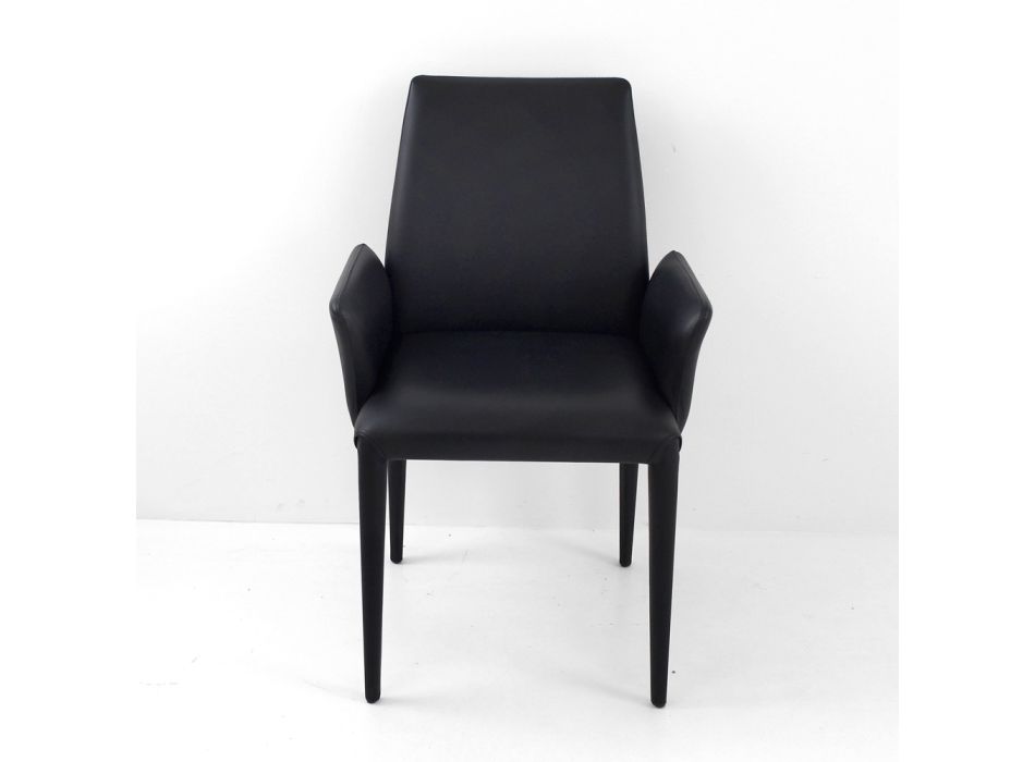 Chaise de salle à manger avec accoudoirs rembourrée en cuir noir Made in Italy - Meyer Viadurini