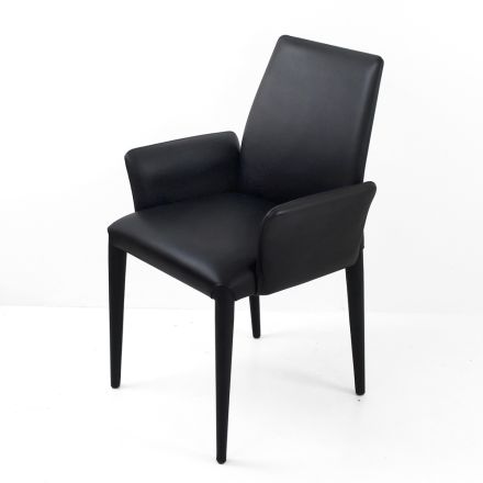 Chaise de salle à manger avec accoudoirs rembourrée en cuir noir Made in Italy - Meyer Viadurini