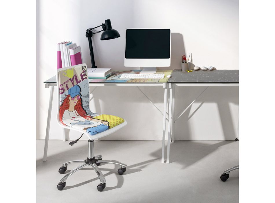 Chaise de bureau pivotante en acier et cuir d'écolier avec imprimé en carton - Lollo Viadurini