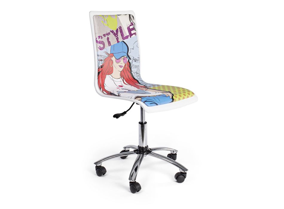 Chaise de bureau pivotante en acier et cuir d'écolier avec imprimé en carton - Lollo Viadurini