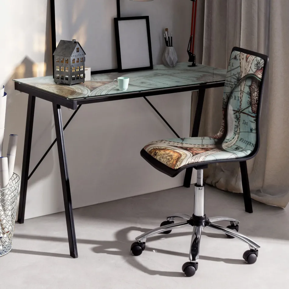 Chaise de bureau pivotante en acier et cuir écologique avec impression de carte - Lollo Viadurini