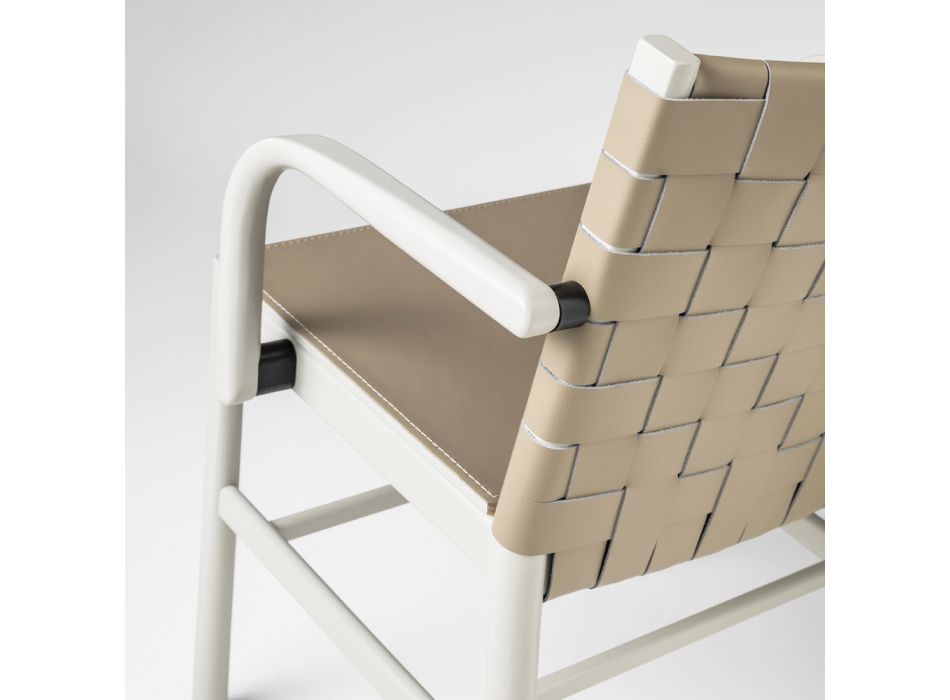 Chaise de luxe en hêtre laqué beige et cuir tressé Made in Italy - Nora Viadurini