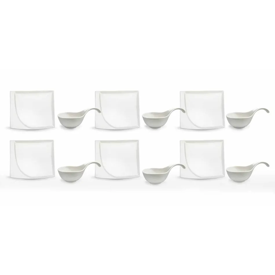 Service Apéritif 12 Pièces Assiettes Design Modernes En Porcelaine Blanche - Nalah Viadurini