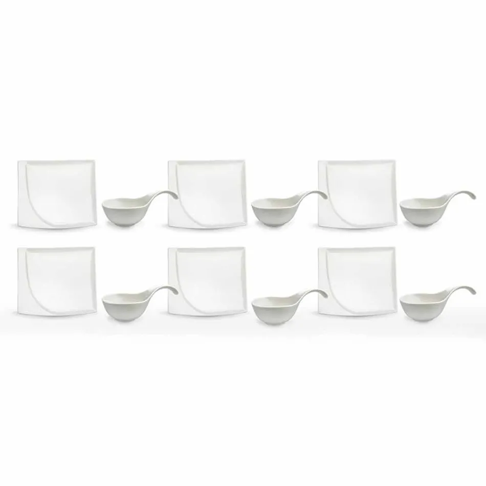 Service Apéritif 12 Pièces Assiettes Design Modernes En Porcelaine Blanche - Nalah Viadurini