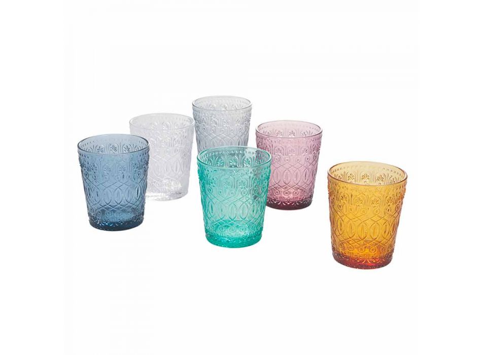 Service de verres à eau en verre coloré et décoré, 12 pièces - Pizzotto Viadurini