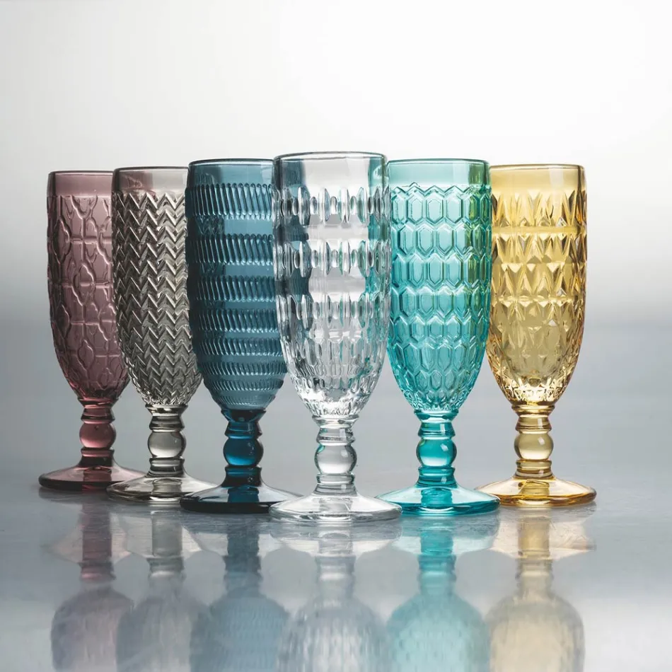 Ensemble Gobelet Flûte en Verre Coloré et Différentes Décorations 12 Pièces - Mix Viadurini