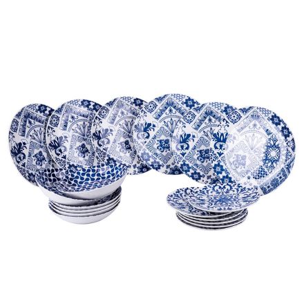 Service de 18 assiettes en porcelaine de couleur blanche et bleue - Wieder Viadurini