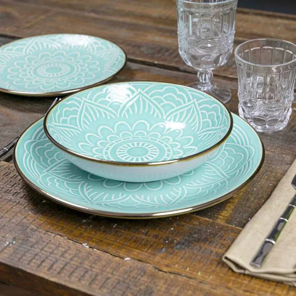Service de vaisselle en dur gris dolomite, bleu clair ou bleu 18 pièces - Arabe Viadurini
