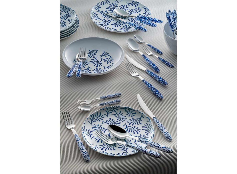 Ménagère Acier et Plastique Décoration Bleu ou Blanc 24 Pcs - Alessandra Viadurini