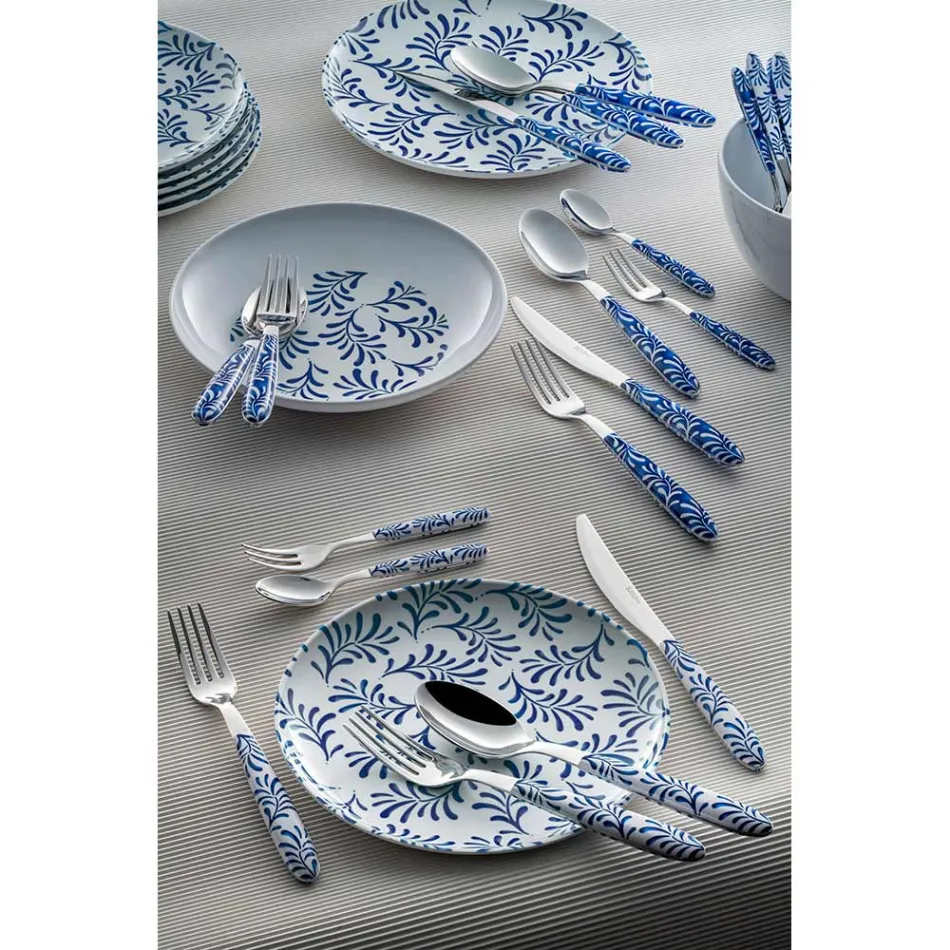 Ménagère Acier et Plastique Décoration Bleu ou Blanc 24 Pcs - Alessandra Viadurini