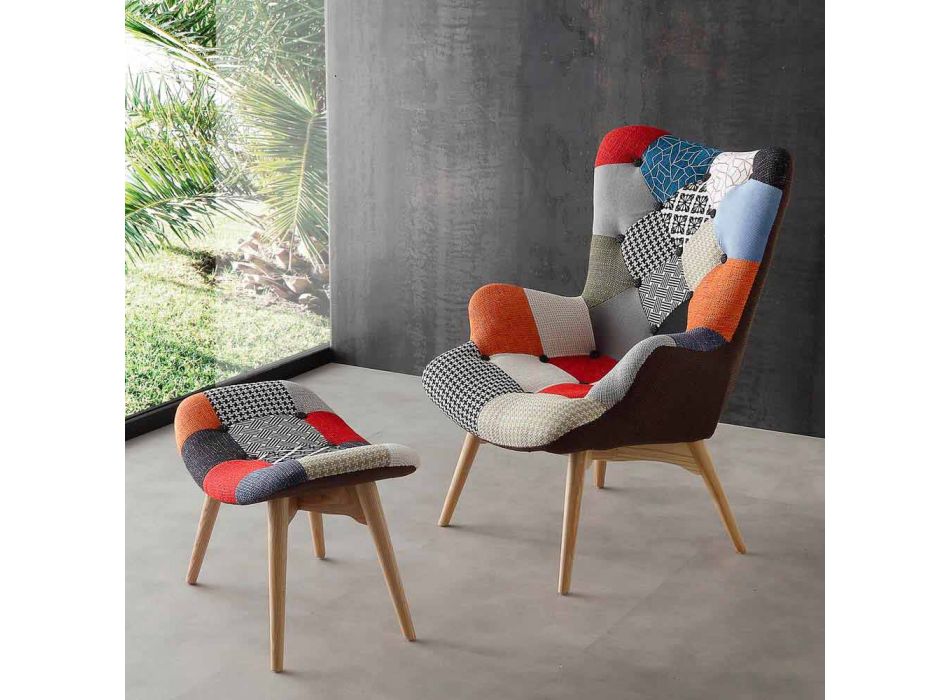 Suite de 2 fauteuils patchwork multicolores avec pieds en bois massif Veronica Viadurini