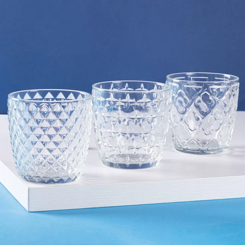 Lot de 12 verres à eau 325 ml avec différentes décorations en verre - Astuces Viadurini