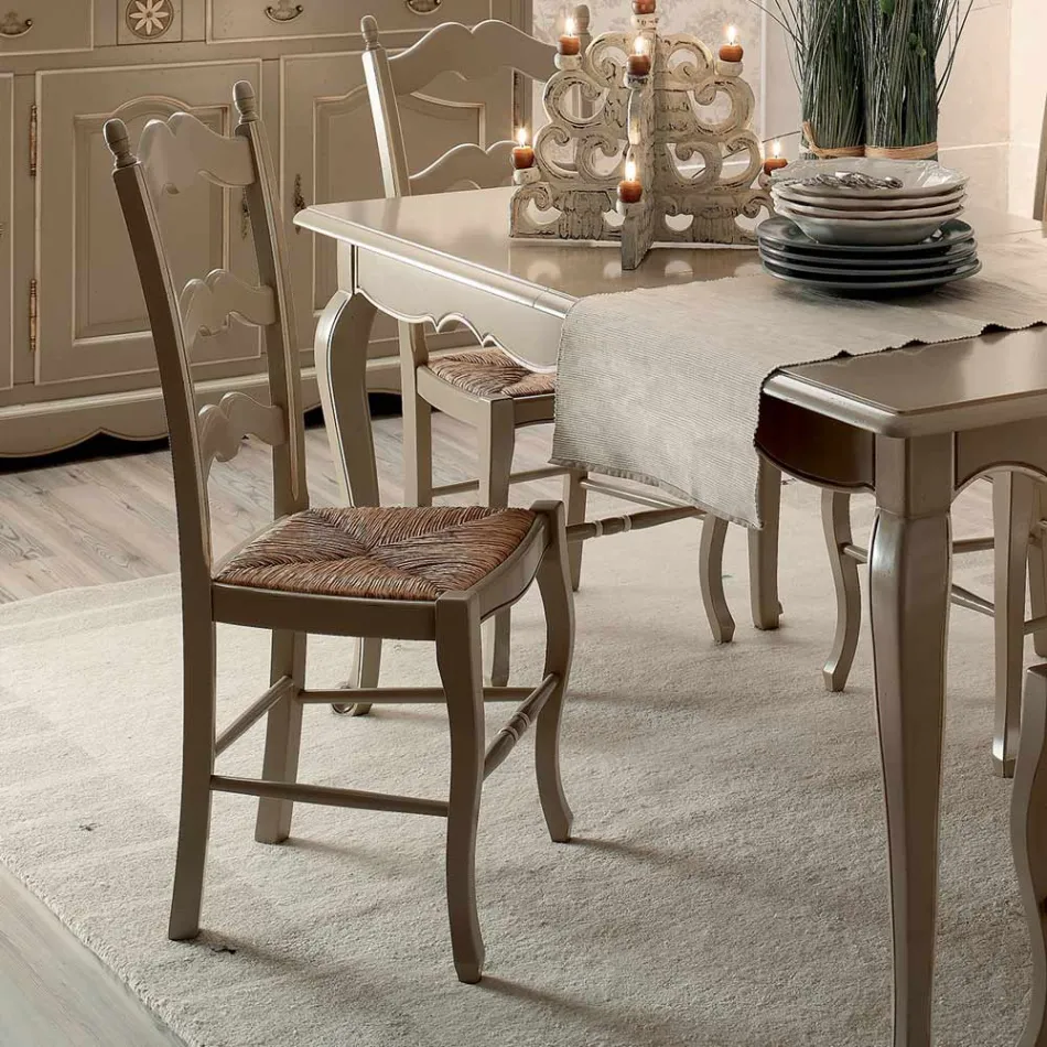 Ensemble de 4 chaises en bois gris tourterelle et paille, fabriquées en Italie - Celestino Viadurini