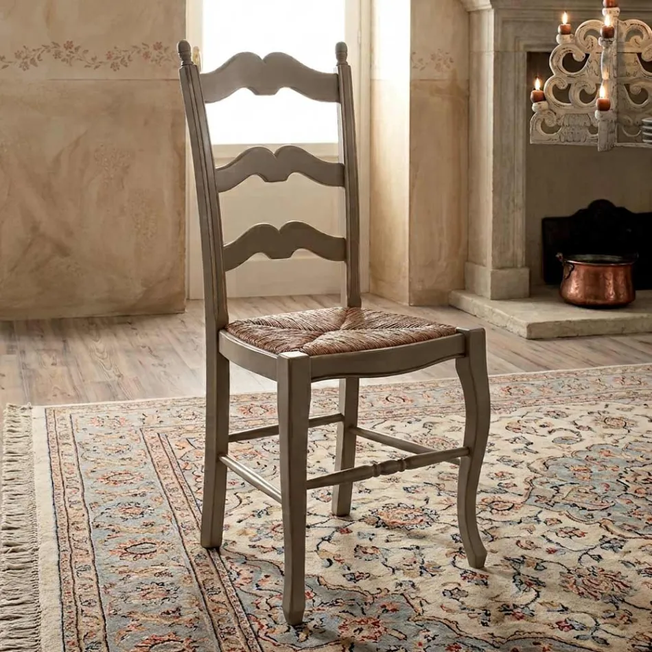 Ensemble de 4 chaises en bois gris tourterelle et paille, fabriquées en Italie - Celestino Viadurini