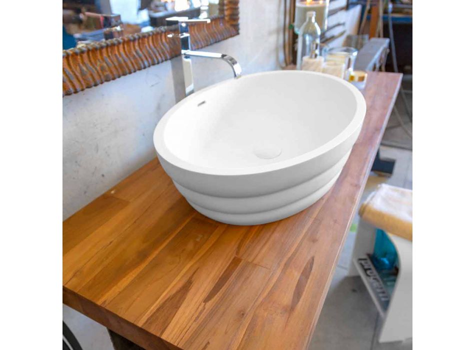 Ensemble de mobilier suspendu design pour salle de bain en teck rayé Poggio Viadurini