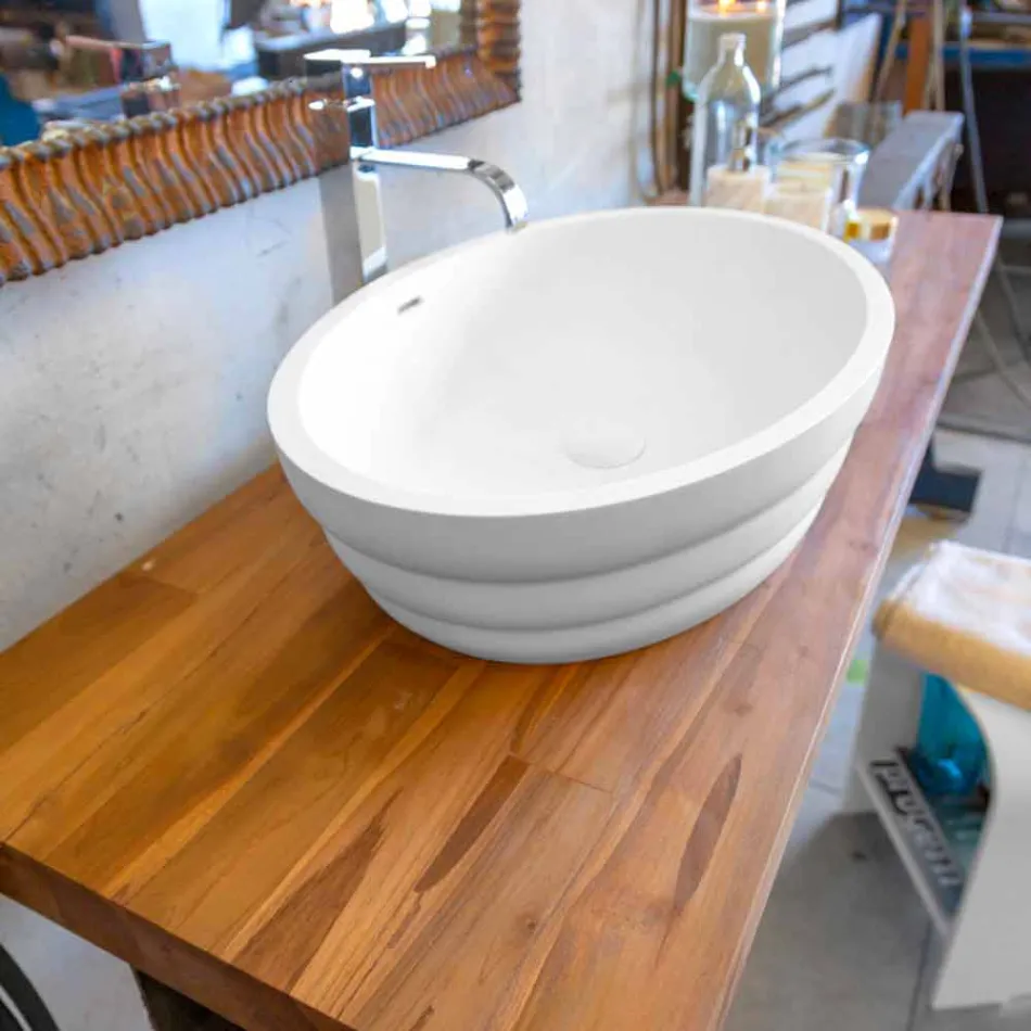 Ensemble de mobilier suspendu design pour salle de bain en teck rayé Poggio Viadurini