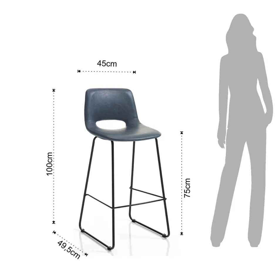 Tabouret Haut de Cuisine en Cuir Synthétique et Métal Noir 2 Pièces - Yuri Viadurini