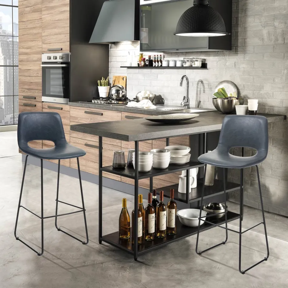 Tabouret Haut de Cuisine en Cuir Synthétique et Métal Noir 2 Pièces - Yuri Viadurini