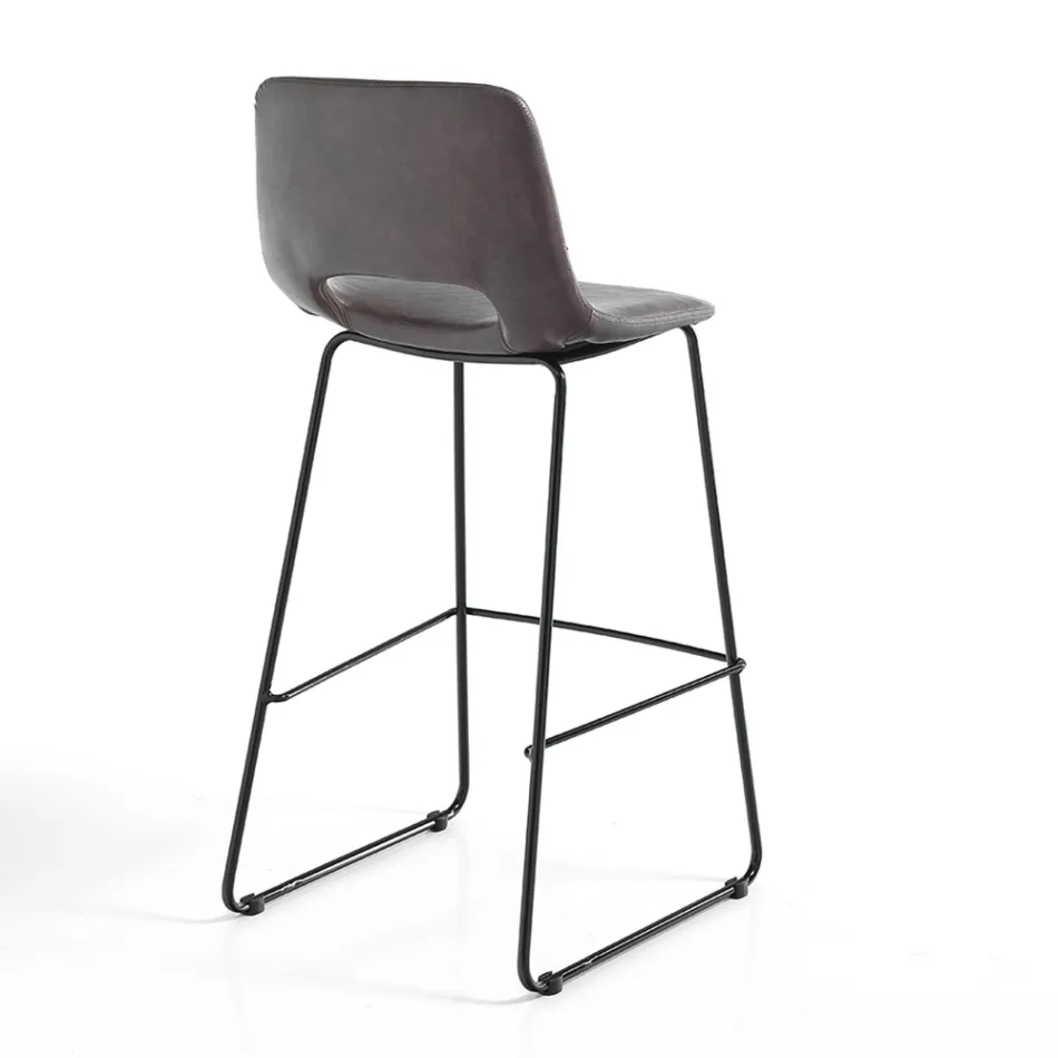 Tabouret Haut de Cuisine en Cuir Synthétique et Métal Noir 2 Pièces - Yuri Viadurini