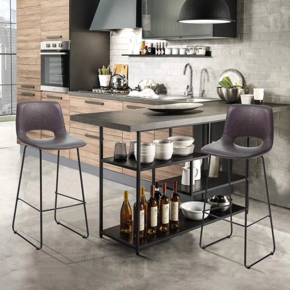Tabouret Haut de Cuisine en Cuir Synthétique et Métal Noir 2 Pièces - Yuri Viadurini