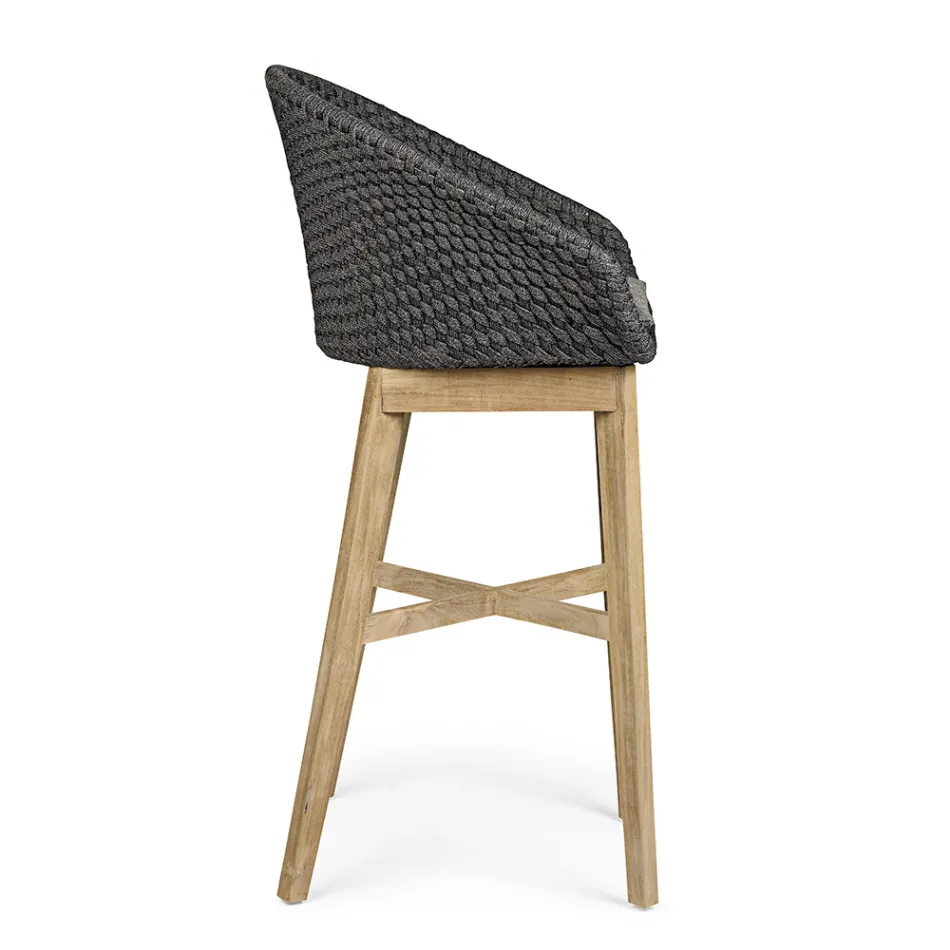 Tabouret haut d'extérieur en corde et bois de teck, Homemotion, 2 pièces - Anitha Viadurini