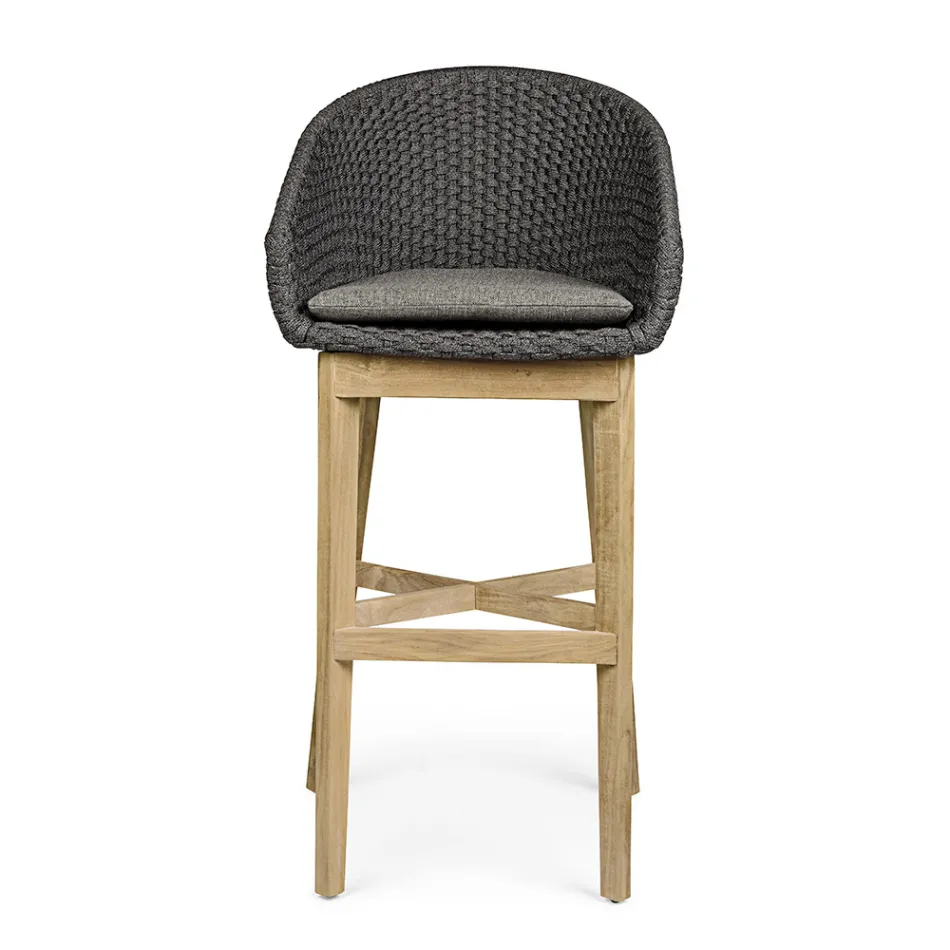 Tabouret haut d'extérieur en corde et bois de teck, Homemotion, 2 pièces - Anitha Viadurini