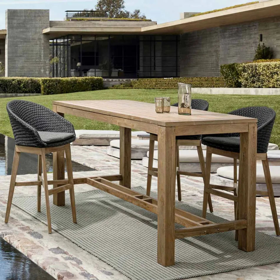 Tabouret haut d'extérieur en corde et bois de teck, Homemotion, 2 pièces - Anitha Viadurini