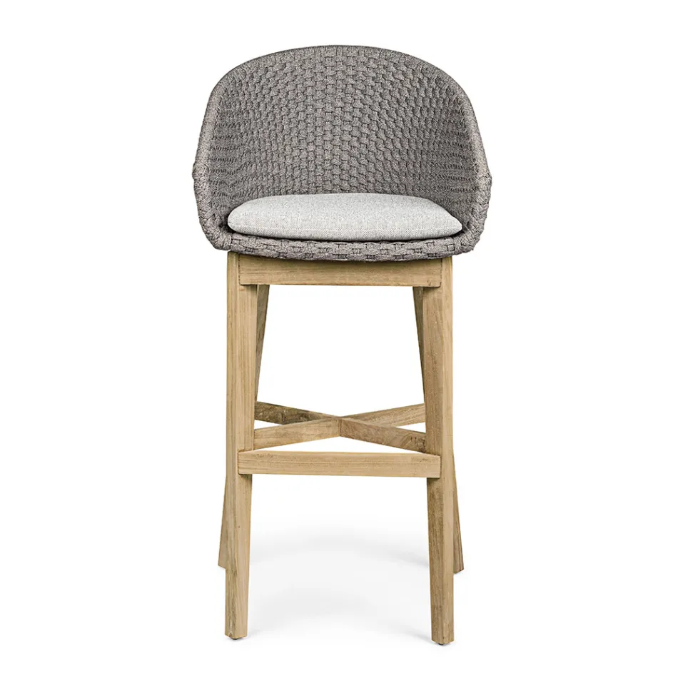 Tabouret haut d'extérieur en corde et bois de teck, Homemotion, 2 pièces - Anitha Viadurini