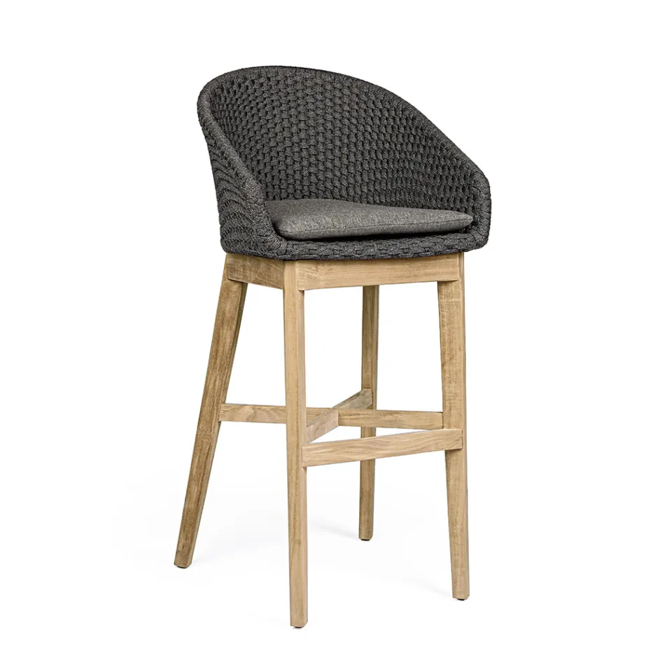 Tabouret haut d'extérieur en corde et bois de teck, Homemotion, 2 pièces - Anitha Viadurini