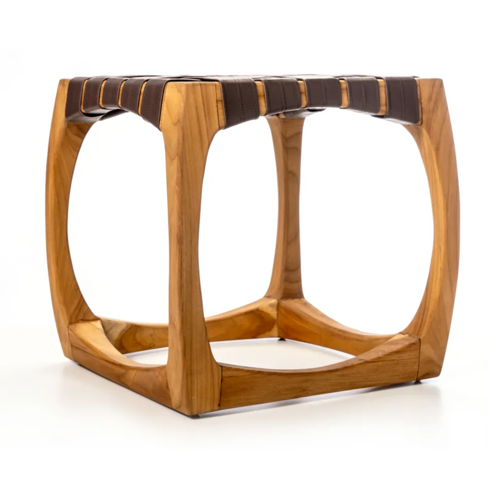 Tabouret de salle de bain design en teck avec assise tissée - Yucca Viadurini
