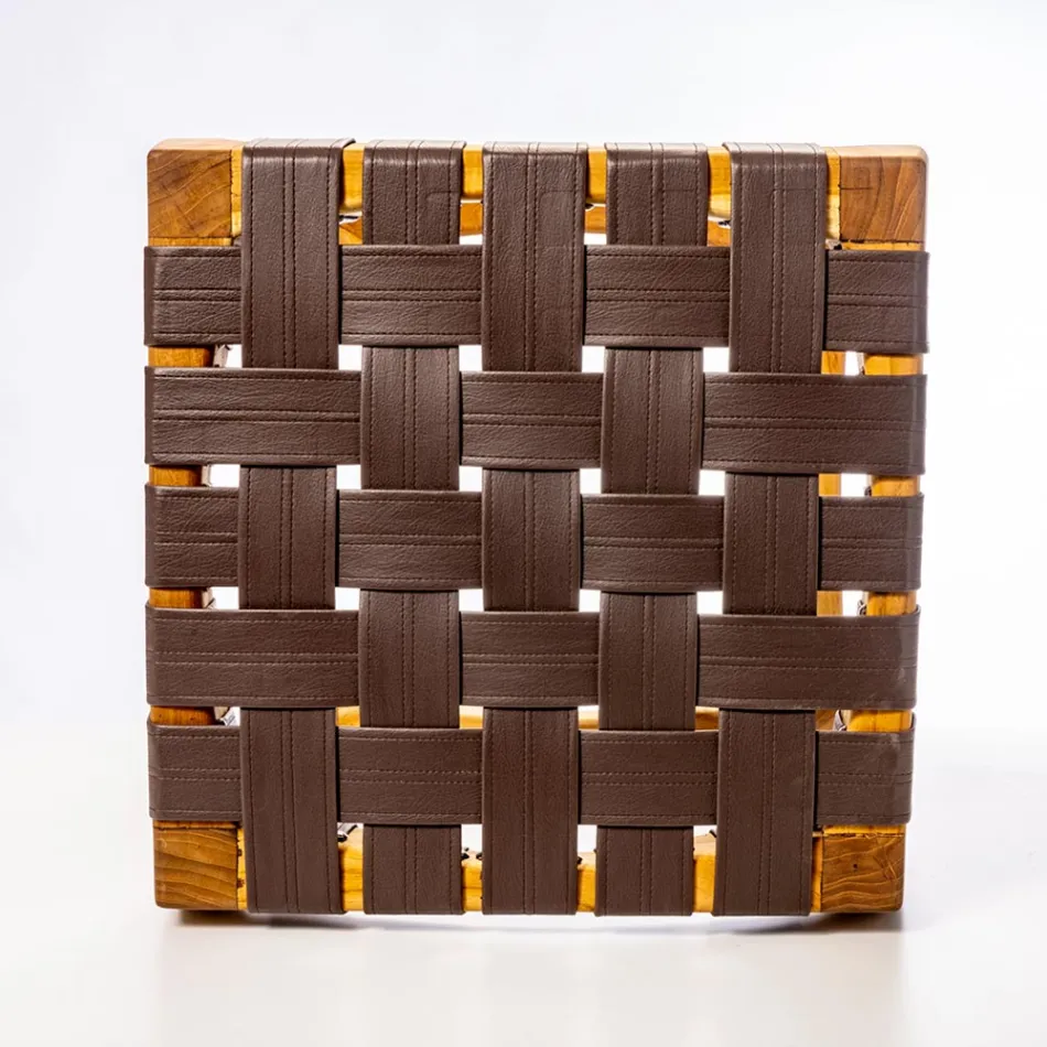 Tabouret de salle de bain design en teck avec assise tressée - Yucca Viadurini