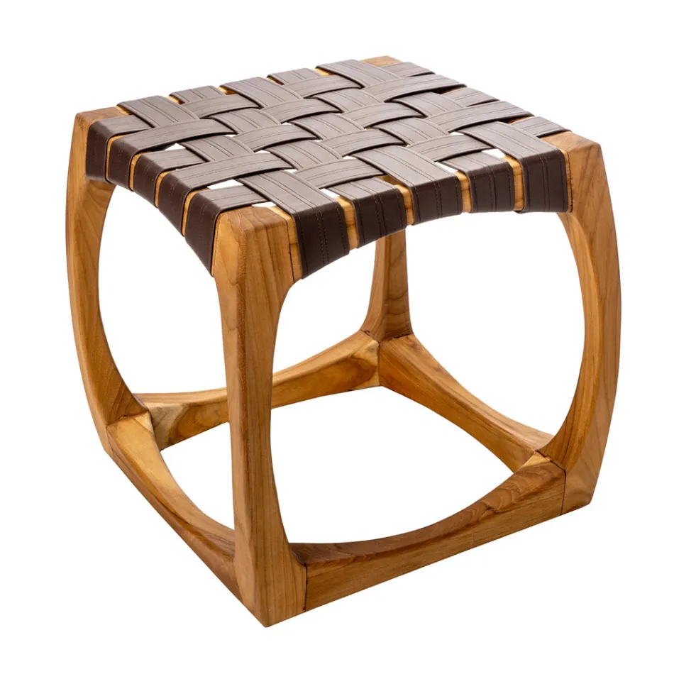 Tabouret de salle de bain design en teck avec assise tissée - Yucca Viadurini